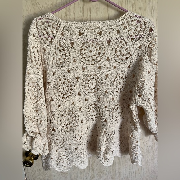 Vintage Solitaire XL Crocheted Knit Top Beige Circles Poplin Short Bubble Sleeve - Picture 6 of 11